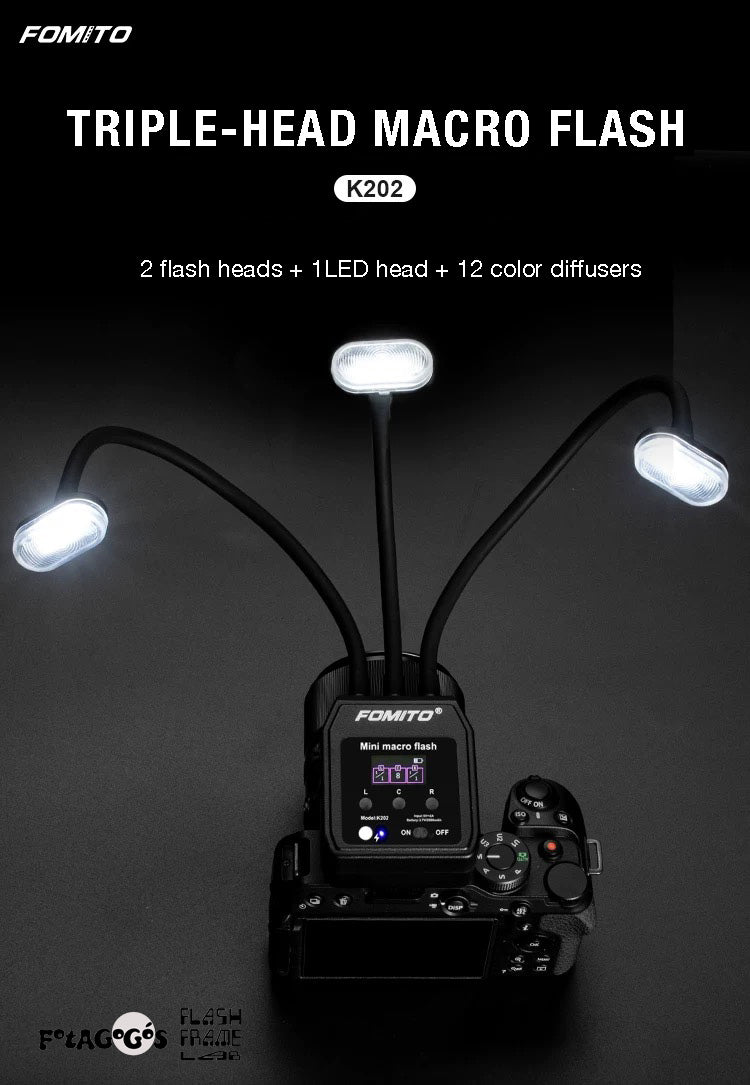 K202 Three-Head Macro Fill Light | Dual Flashes + LED | 12-Color Diffuser