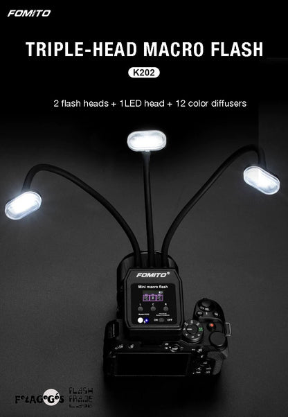 K202 Three-Head Macro Fill Light | Dual Flashes + LED | 12-Color Diffuser